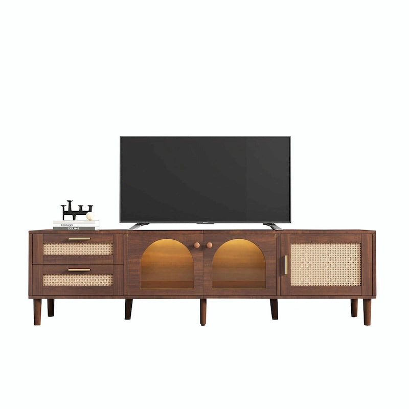 Meuble TV en MDF marron foncé avec tiroirs en rotin PE, 4 portes en verre trempé et pieds en bois massif – Unité simple