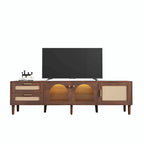 Meuble TV en MDF marron foncé avec tiroirs en rotin PE, 4 portes en verre trempé et pieds en bois massif – Unité simple