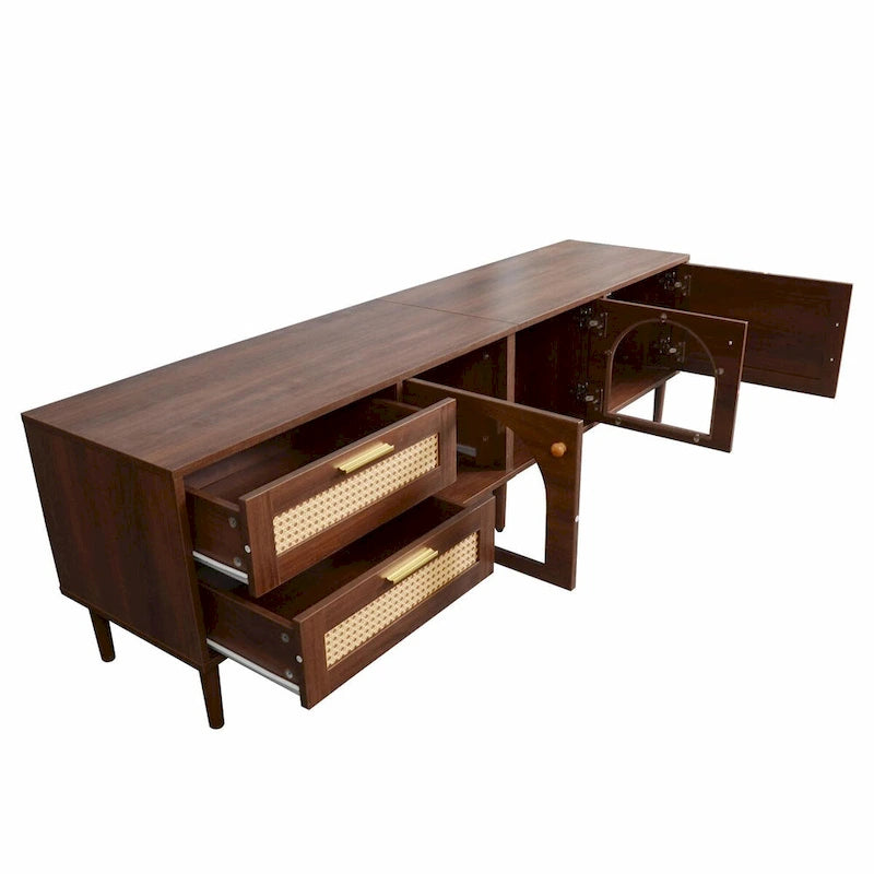 Meuble TV en MDF marron foncé avec tiroirs en rotin PE, 4 portes en verre trempé et pieds en bois massif – Unité simple