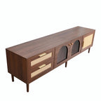 Meuble TV en MDF marron foncé avec tiroirs en rotin PE, 4 portes en verre trempé et pieds en bois massif – Unité simple