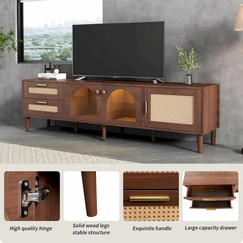 Meuble TV en MDF marron foncé avec tiroirs en rotin PE, 4 portes en verre trempé et pieds en bois massif – Unité simple