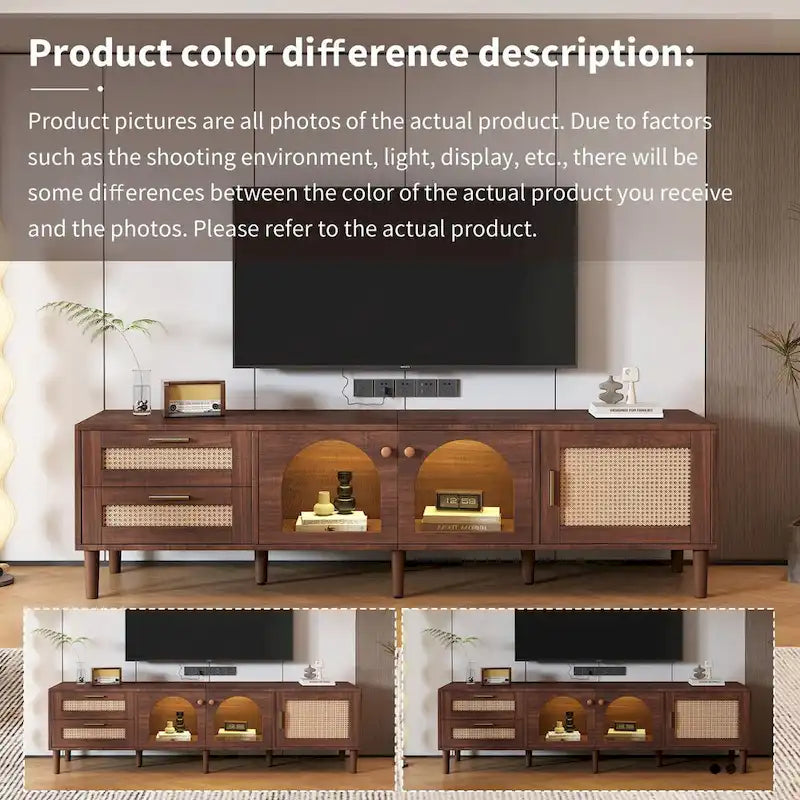 Meuble TV en MDF marron foncé avec tiroirs en rotin PE, 4 portes en verre trempé et pieds en bois massif – Unité simple
