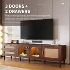 Meuble TV en MDF marron foncé avec tiroirs en rotin PE, 4 portes en verre trempé et pieds en bois massif – Unité simple