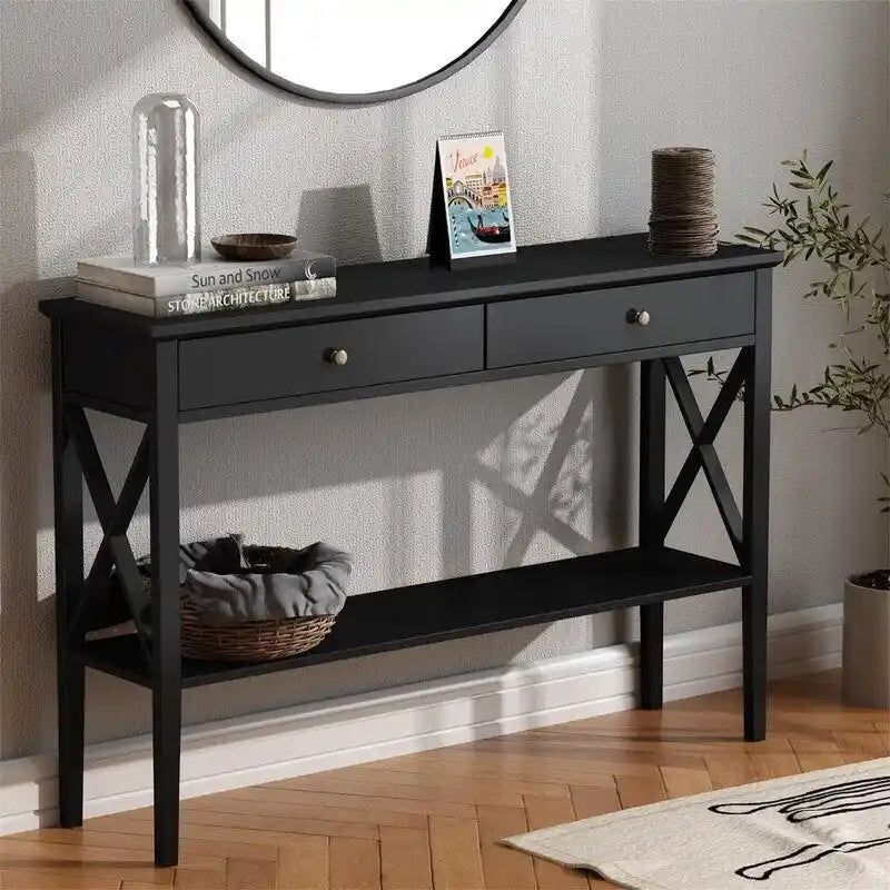 Console en bois dur et MDF noire/blanche avec tiroirs et étagère centrale – Unité simple
