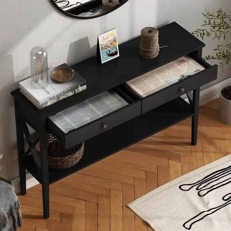 Console en bois dur et MDF noire/blanche avec tiroirs et étagère centrale – Unité simple