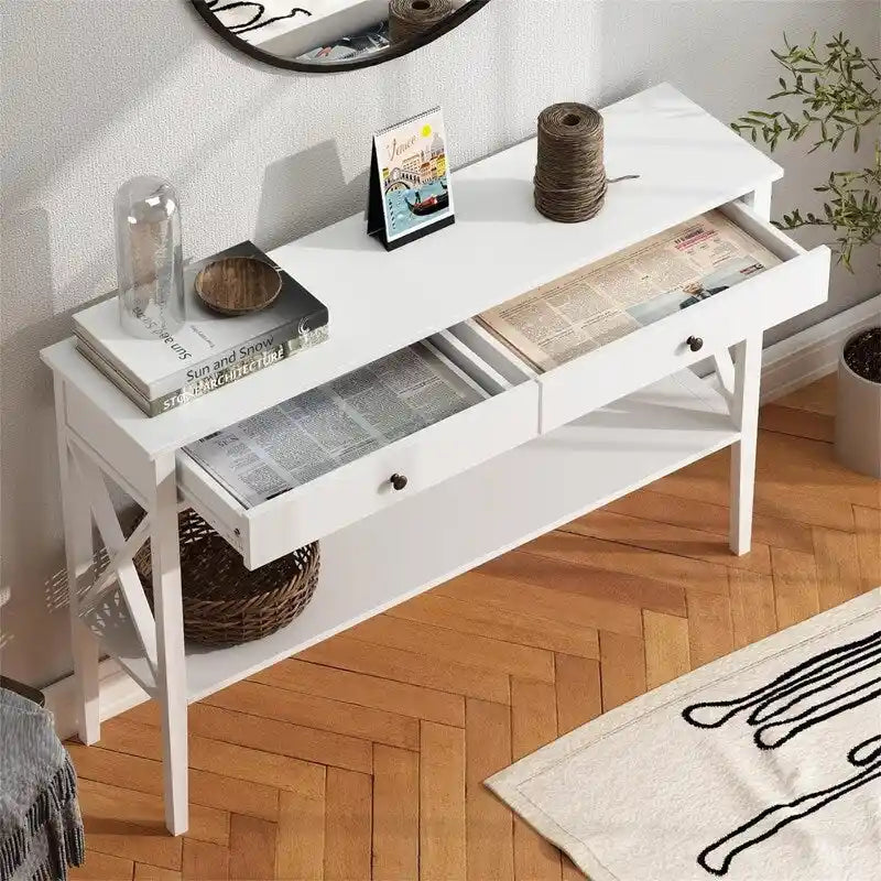 Console en bois dur et MDF noire/blanche avec tiroirs et étagère centrale – Unité simple