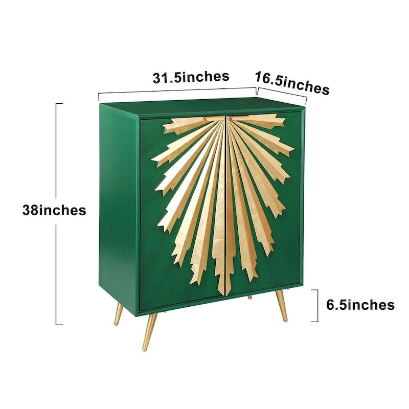 Buffet vert en bois massif et MDF avec 2 portes à motif soleil à fermeture douce et étagères fixes – Article unique
