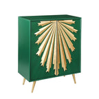 Buffet vert en bois massif et MDF avec 2 portes à motif soleil à fermeture douce et étagères fixes – Article unique