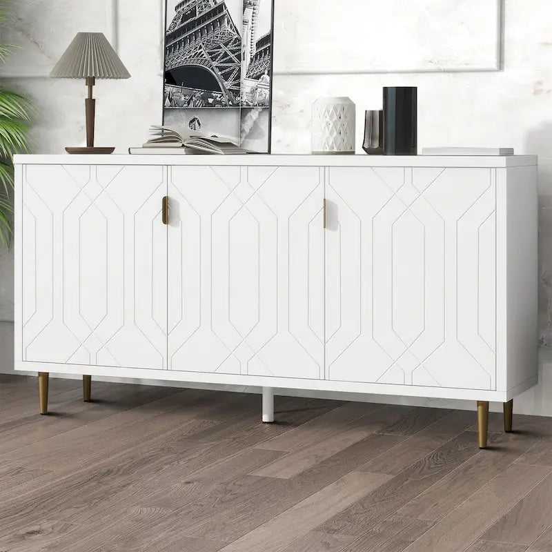 Enfilade mid-century en bois blanc/noir et métal avec 3 étagères intérieures et poignées en métal doré – Meuble unique