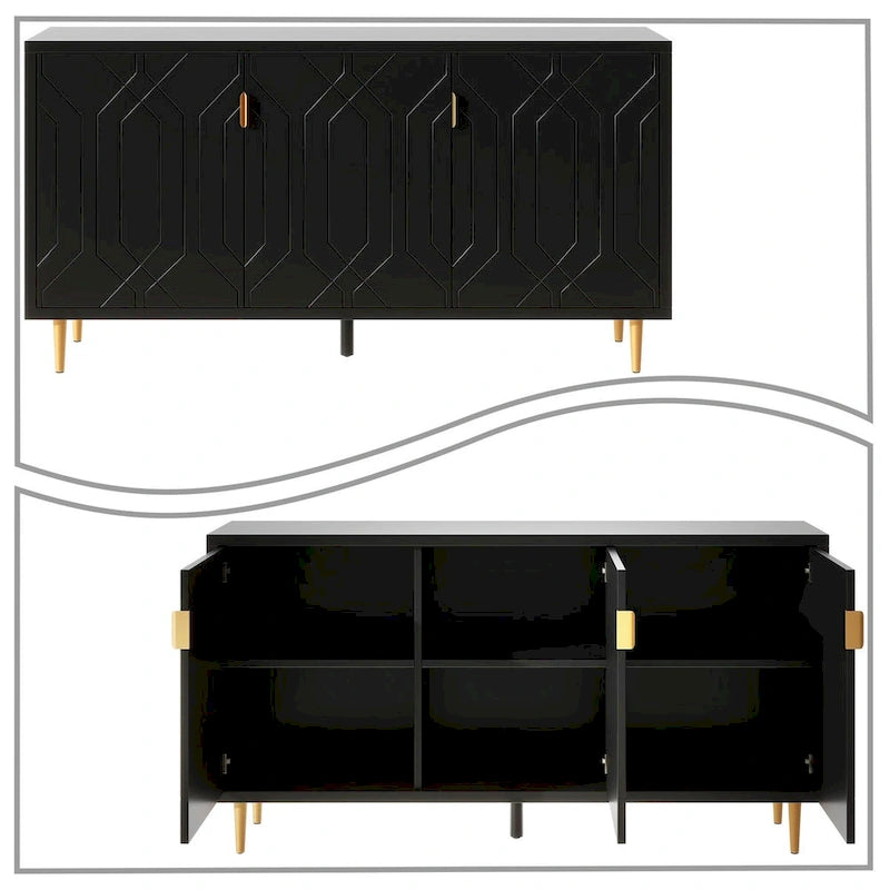 Enfilade mid-century en bois blanc/noir et métal avec 3 étagères intérieures et poignées en métal doré – Meuble unique