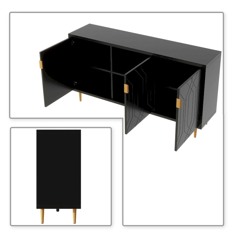 Enfilade mid-century en bois blanc/noir et métal avec 3 étagères intérieures et poignées en métal doré – Meuble unique