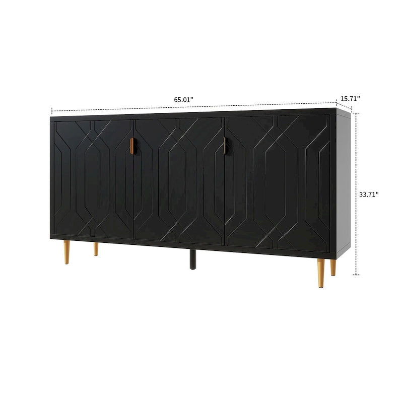 Enfilade mid-century en bois blanc/noir et métal avec 3 étagères intérieures et poignées en métal doré – Meuble unique