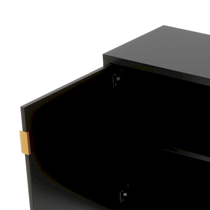 Enfilade mid-century en bois blanc/noir et métal avec 3 étagères intérieures et poignées en métal doré – Meuble unique