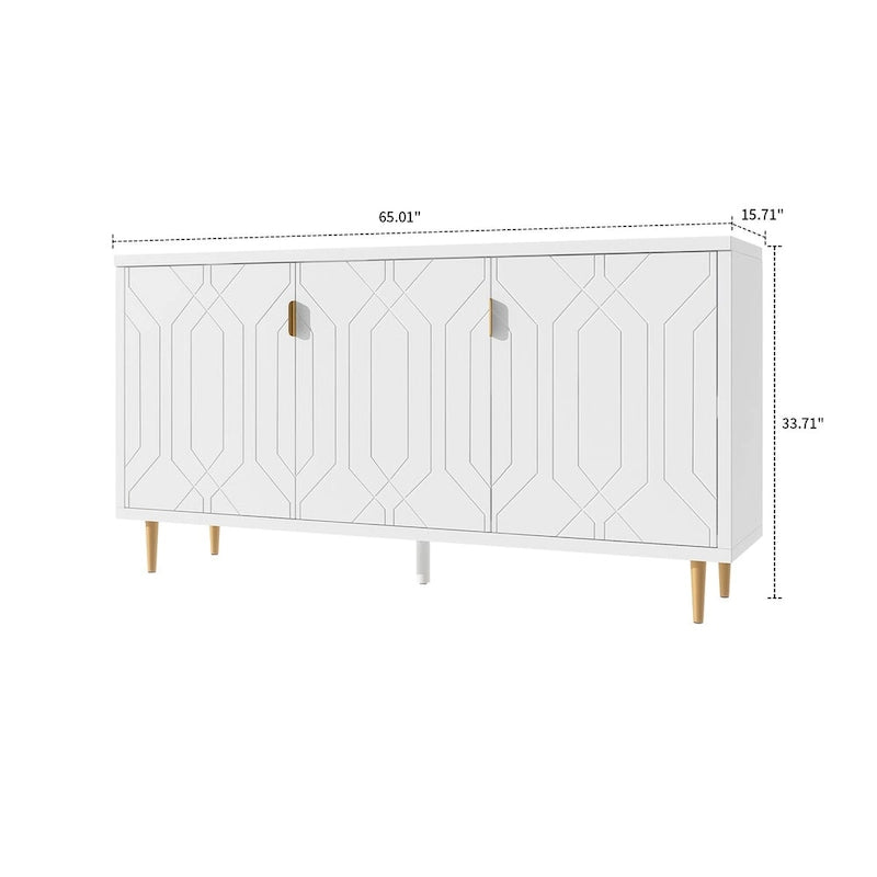 Enfilade mid-century en bois blanc/noir et métal avec 3 étagères intérieures et poignées en métal doré – Meuble unique