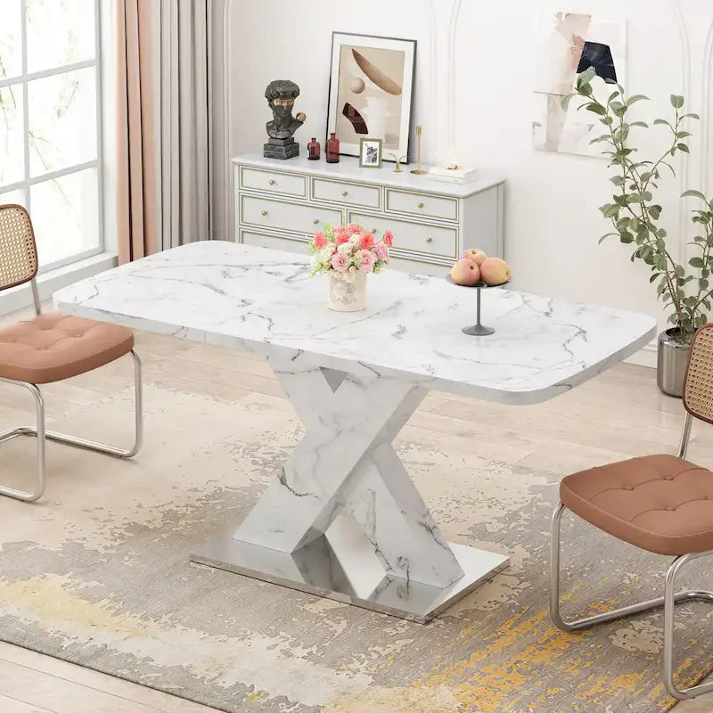 Table à manger carrée extensible en marbre blanc/noir avec piètement métallique en X – 4 à 6 places