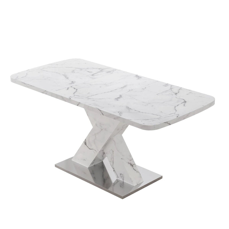 Table à manger carrée extensible en marbre blanc/noir avec piètement métallique en X – 4 à 6 places