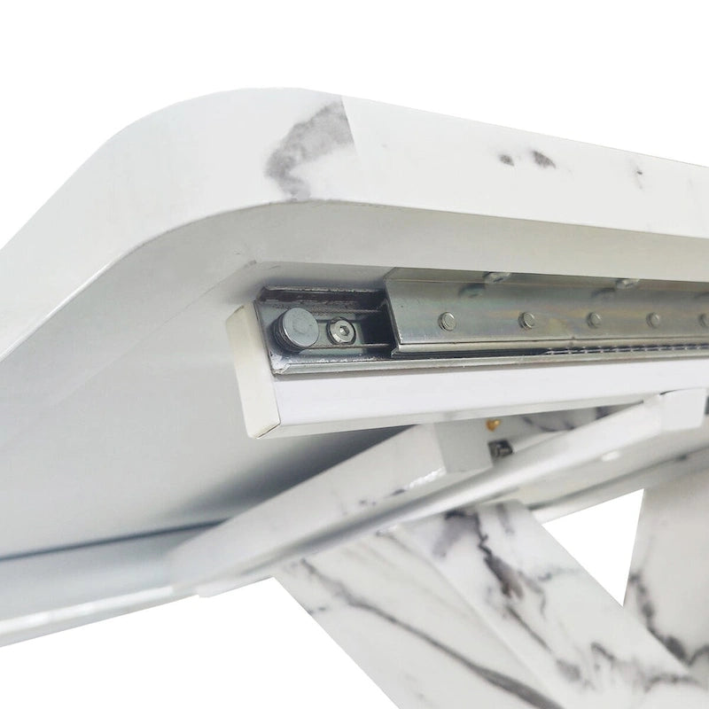 Table à manger carrée extensible en marbre blanc/noir avec piètement métallique en X – 4 à 6 places