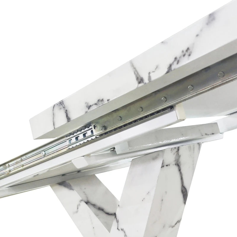 Table à manger carrée extensible en marbre blanc/noir avec piètement métallique en X – 4 à 6 places