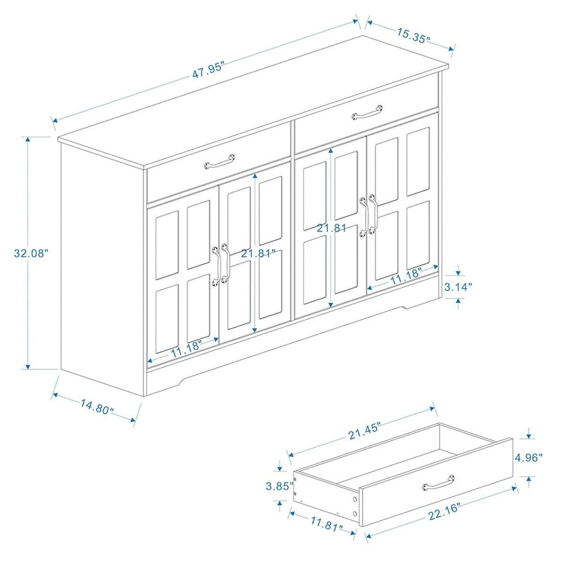 Bahut de ferme blanc en MDF avec 2 tiroirs et 4 portes – Unité simple