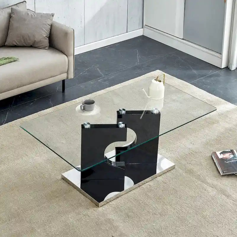 Table basse rectangulaire moderne noire en verre trempé