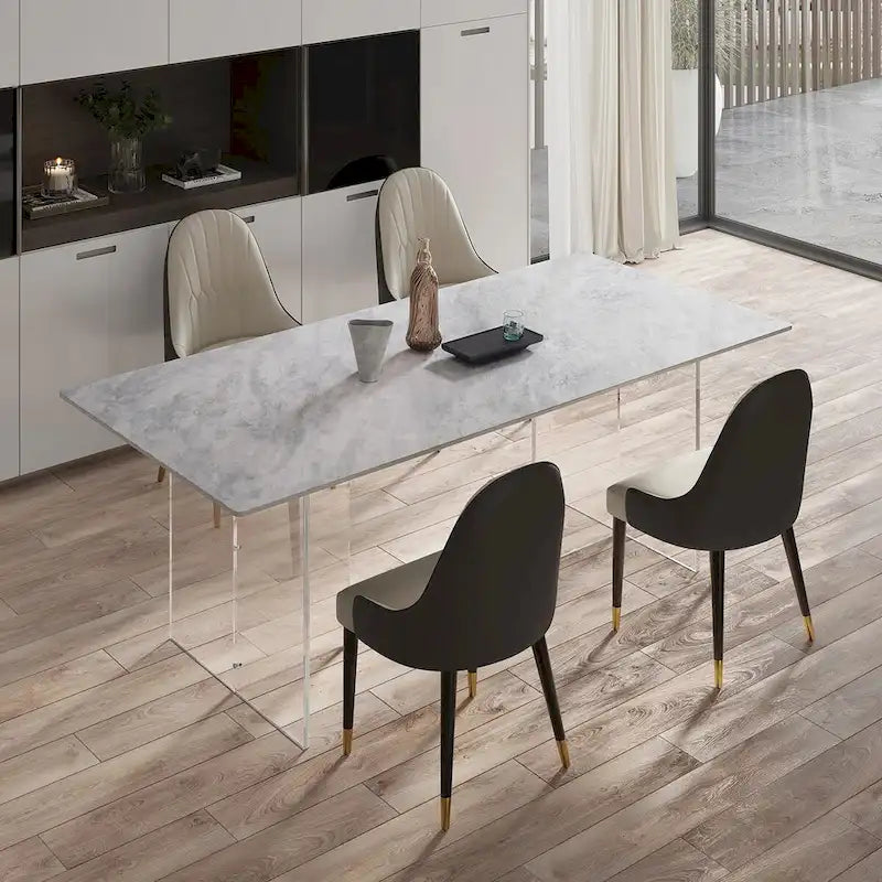 Table à manger rectangulaire en pierre frittée blanche/grise avec pieds en acrylique – 6 à 8 places