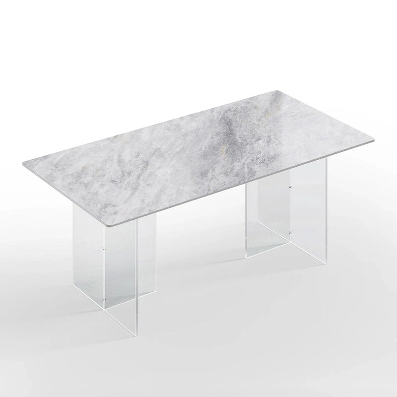 Table à manger rectangulaire en pierre frittée blanche/grise avec pieds en acrylique – 6 à 8 places