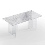 Table à manger rectangulaire en pierre frittée blanche/grise avec pieds en acrylique – 6 à 8 places