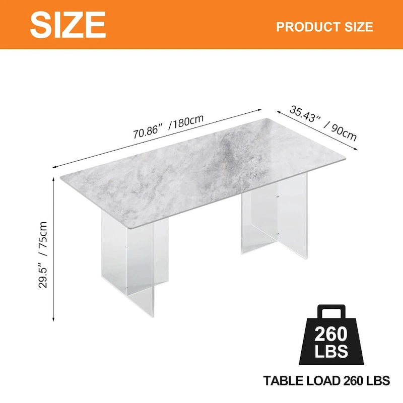 Table à manger rectangulaire en pierre frittée blanche/grise avec pieds en acrylique – 6 à 8 places
