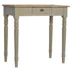Bureau à écrire de style français vintage en bois de manguier massif gris, peint à la main, avec 1 tiroir, pieds cannelés et poignée coquille – Unité unique