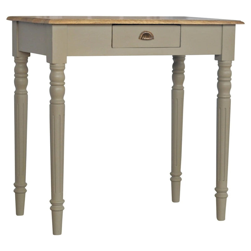 Bureau à écrire de style français vintage en bois de manguier massif gris, peint à la main, avec 1 tiroir, pieds cannelés et poignée coquille – Unité unique