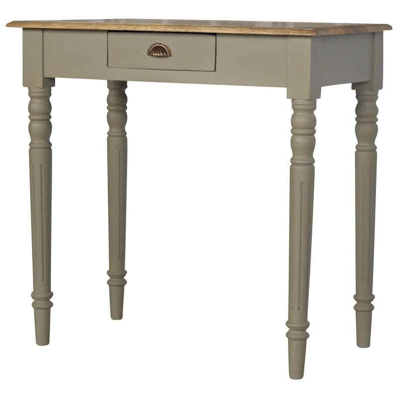 Bureau à écrire de style français vintage en bois de manguier massif gris, peint à la main, avec 1 tiroir, pieds cannelés et poignée coquille – Unité unique