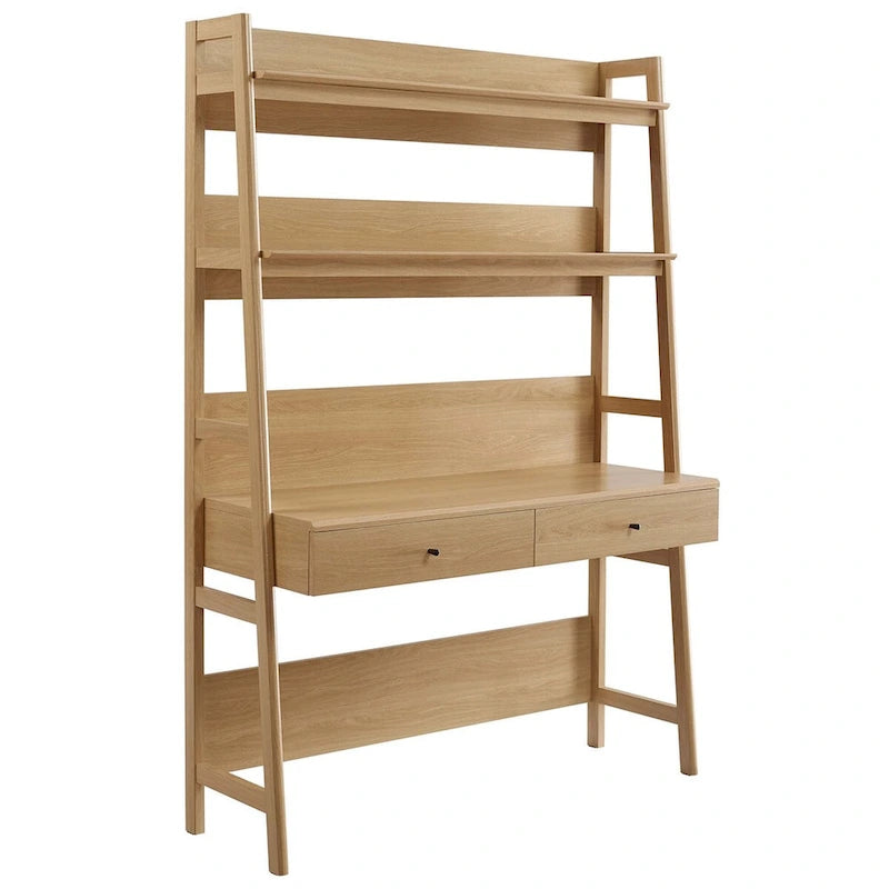 Bureau étagère à niveaux en chêne/noyer/blanc avec 2 tiroirs extractibles – Unité simple