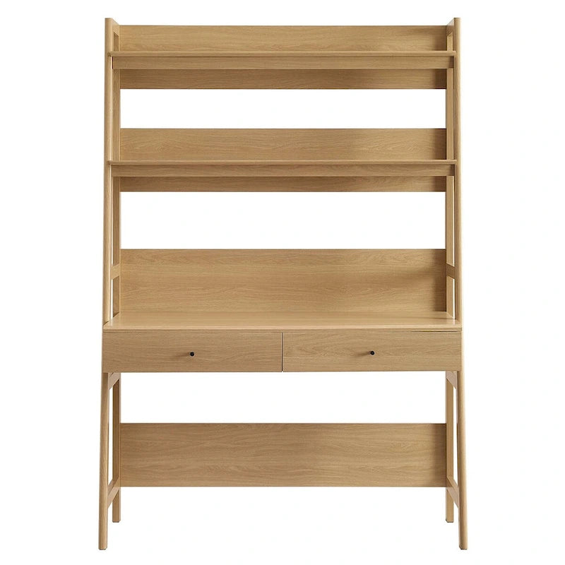 Bureau étagère à niveaux en chêne/noyer/blanc avec 2 tiroirs extractibles – Unité simple