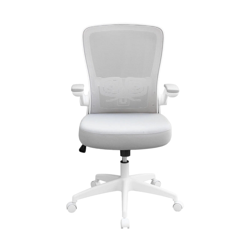 Fauteuil de travail à dossier en maille grise avec accoudoirs relevables et réglage pneumatique de la hauteur – Unité