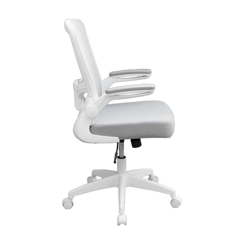Fauteuil de travail à dossier en maille grise avec accoudoirs relevables et réglage pneumatique de la hauteur – Unité