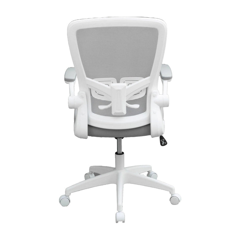 Fauteuil de travail à dossier en maille grise avec accoudoirs relevables et réglage pneumatique de la hauteur – Unité