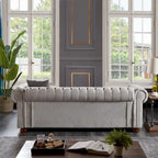 Canapé Chesterfield en lin gris clair avec accoudoirs arrondis, coussins d'assise en mousse et pieds en bois massif – 3 places