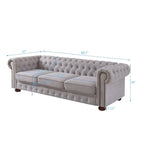 Canapé Chesterfield en lin gris clair avec accoudoirs arrondis, coussins d'assise en mousse et pieds en bois massif – 3 places