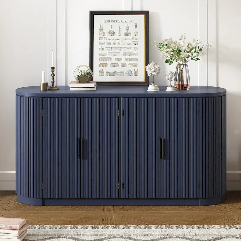 Meuble de rangement en MDF marron/bleu marine/noir avec portes à rayures verticales, poignées métalliques et étagères réglables – Unité unique