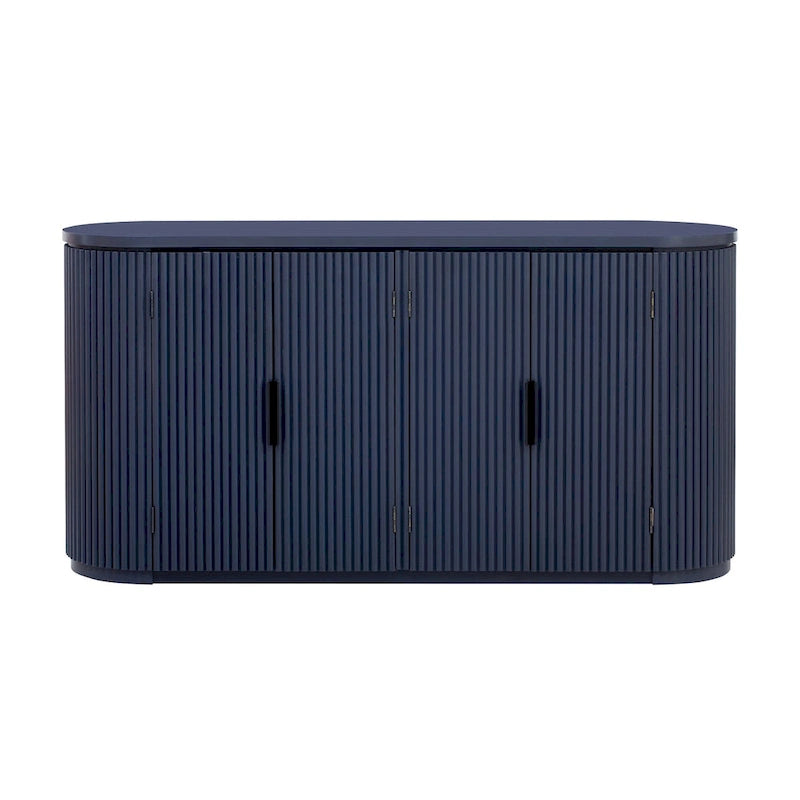 Meuble de rangement en MDF marron/bleu marine/noir avec portes à rayures verticales, poignées métalliques et étagères réglables – Unité unique