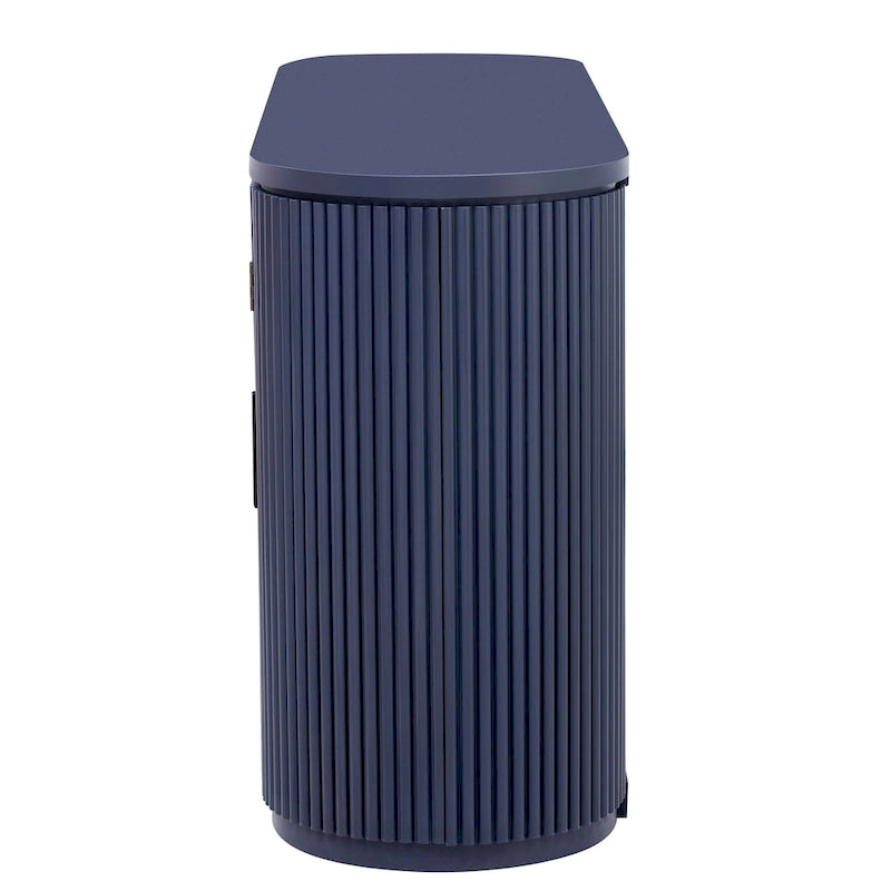 Meuble de rangement en MDF marron/bleu marine/noir avec portes à rayures verticales, poignées métalliques et étagères réglables – Unité unique