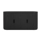 Meuble de rangement en MDF marron/bleu marine/noir avec portes à rayures verticales, poignées métalliques et étagères réglables – Unité unique