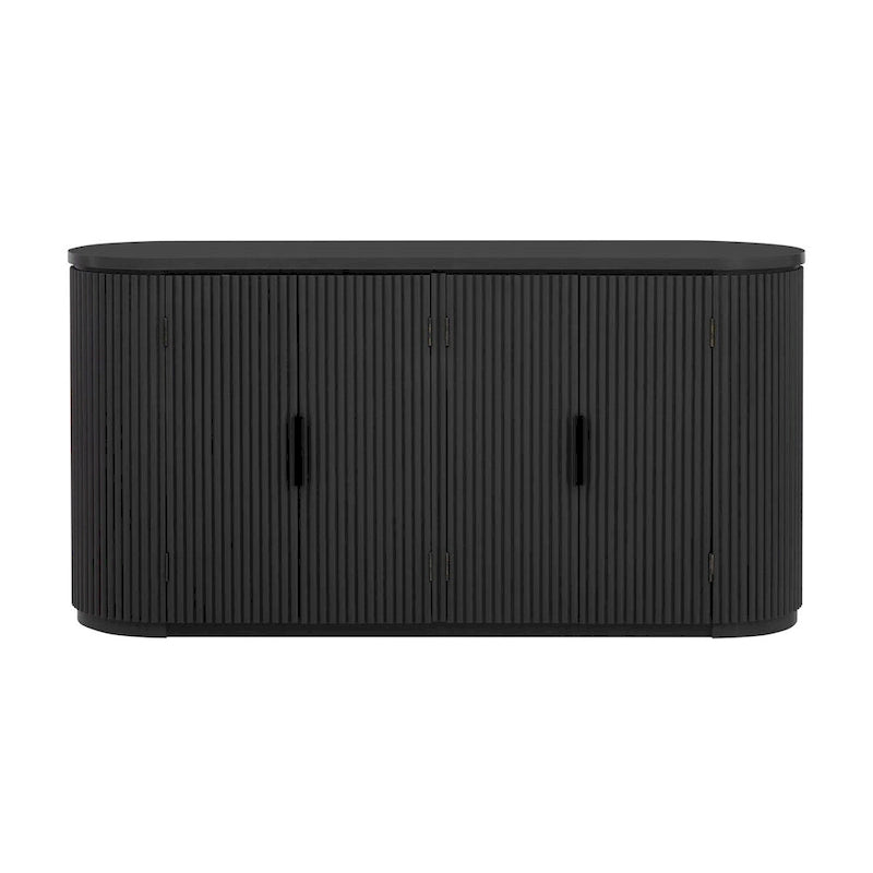 Meuble de rangement en MDF marron/bleu marine/noir avec portes à rayures verticales, poignées métalliques et étagères réglables – Unité unique