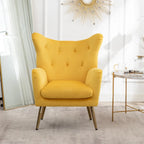 Fauteuil d'appoint dossier capitonné à oreilles en velours jaune/vert avec pieds en métal doré – Une place