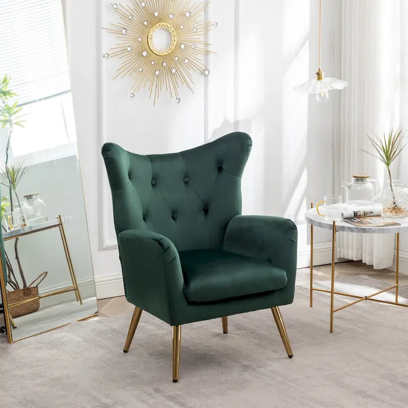 Fauteuil d'appoint dossier capitonné à oreilles en velours jaune/vert avec pieds en métal doré – Une place