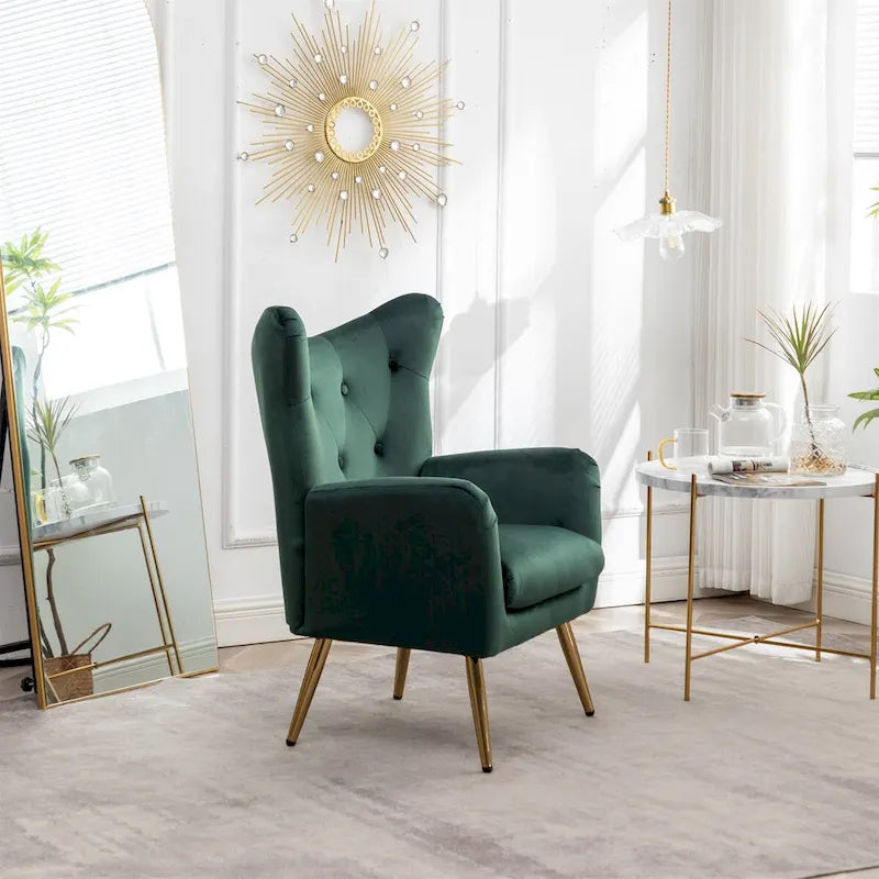 Fauteuil d'appoint dossier capitonné à oreilles en velours jaune/vert avec pieds en métal doré – Une place