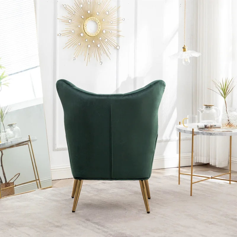 Fauteuil d'appoint dossier capitonné à oreilles en velours jaune/vert avec pieds en métal doré – Une place