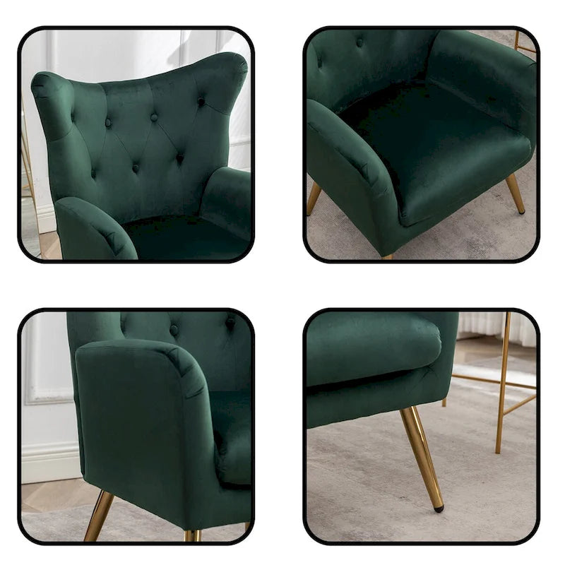 Fauteuil d'appoint dossier capitonné à oreilles en velours jaune/vert avec pieds en métal doré – Une place