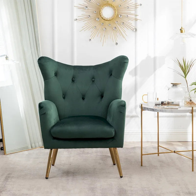 Fauteuil d'appoint dossier capitonné à oreilles en velours jaune/vert avec pieds en métal doré – Une place