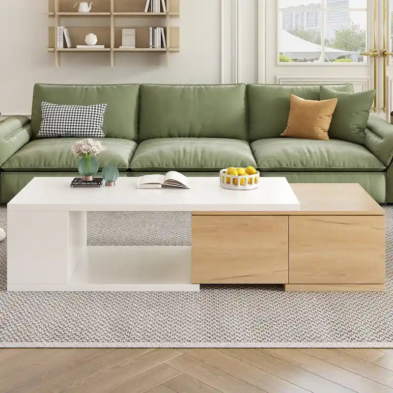 Table basse extensible bicolore blanc/noir avec 2 tiroirs et étagère latérale ouverte – Unité unique